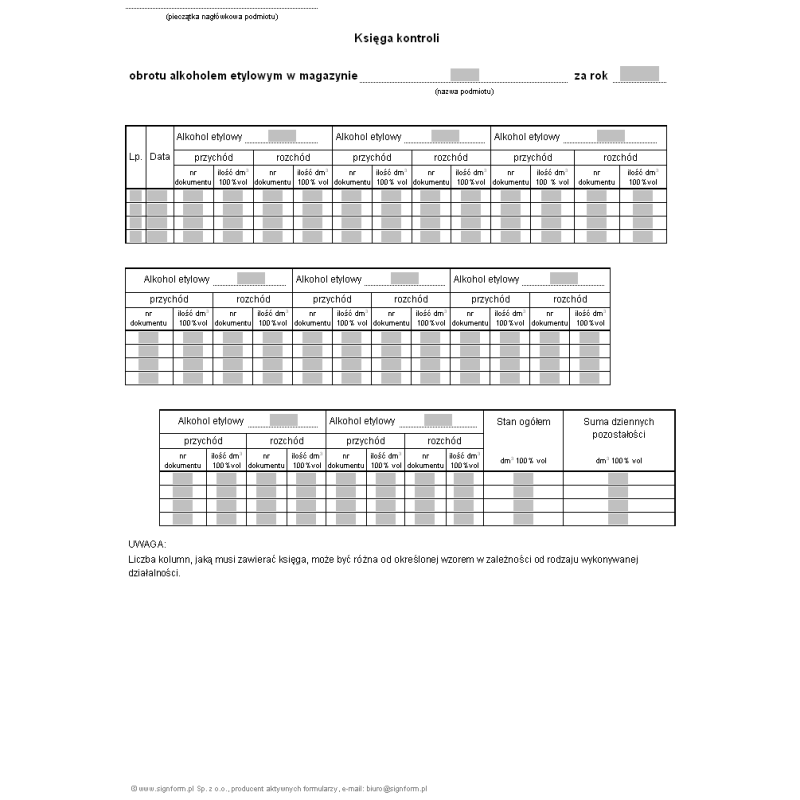 Księga kontroli obrotu alkoholem etylowym w magazynie
