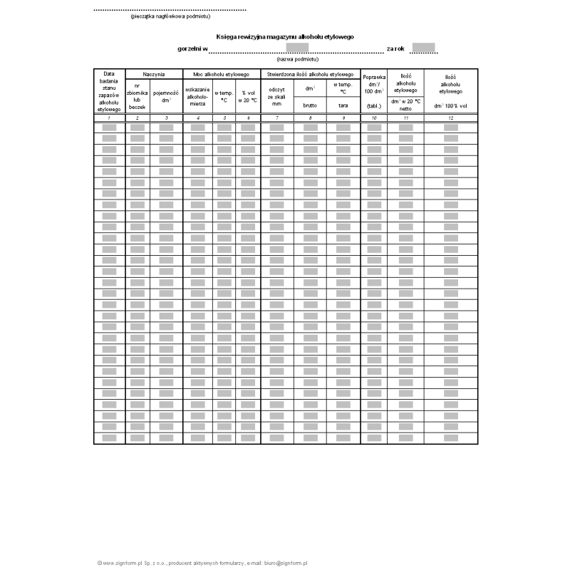 Księga rewizyjna magazynu alkoholu etylowego