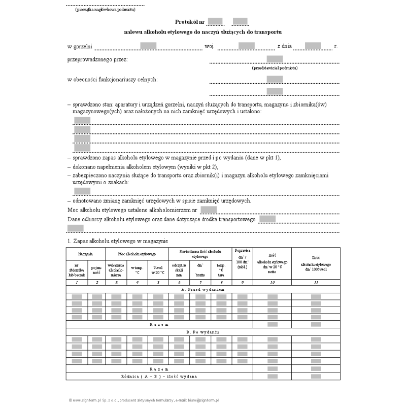 Protokół nalewu alkoholu etylowego do naczyń służących do transportu