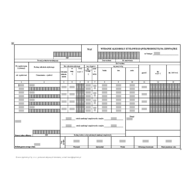 WzS - Wydanie alkoholu etylowego (półproduktu) na zewnątrz