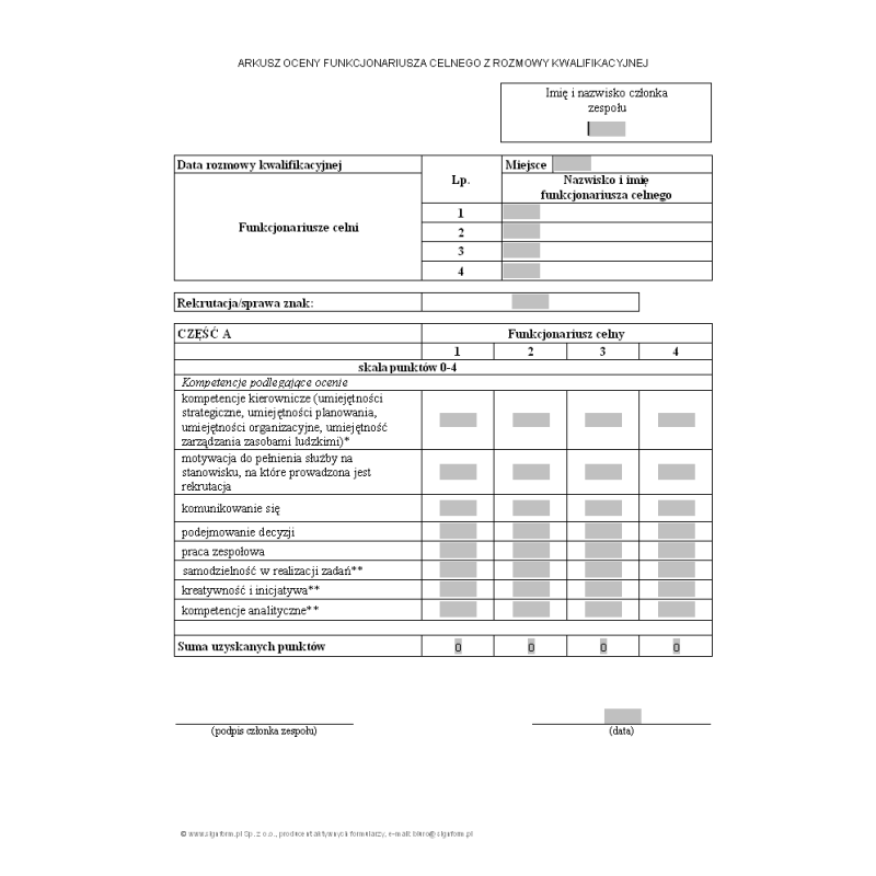 Arkusz oceny funkcjonariusza celnego z rozmowy kwalifikacyjnej