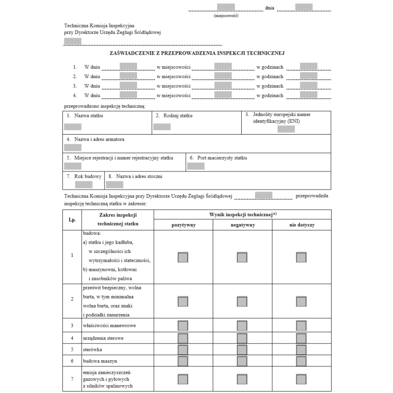 Zaświadczenie z przeprowadzenia inspekcji technicznej statku