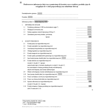 Podstawowe informacje dotyczące poniesionych kosztów oraz wyników produkcyjnych osiągniętych w roku poprzedzającym udzielenie dotacji