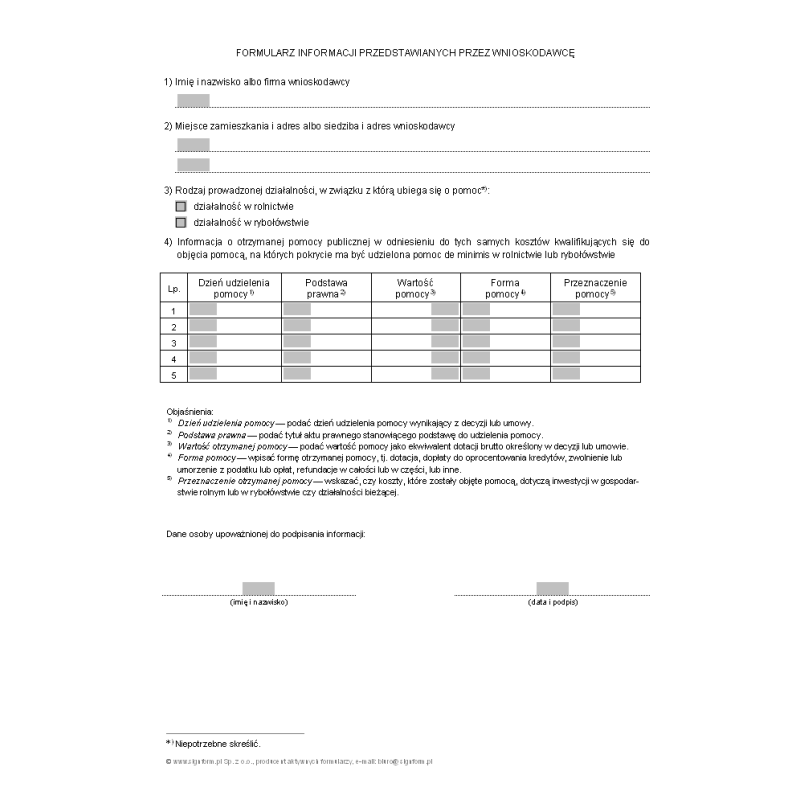 Formularz informacji przedstawianych przez wnioskodawcę