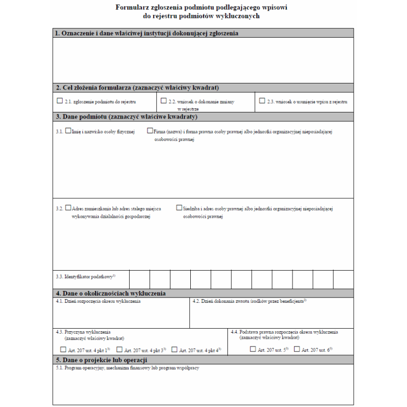 Formularz zgłoszenia podmiotu podlegającego wpisowi do rejestru podmiotów wykluczonych