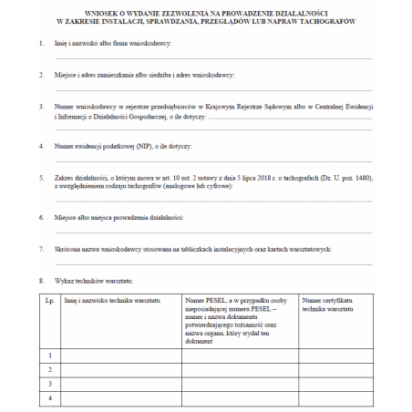 Wniosek o wydanie zezwolenia na prowadzenie działalności w zakresie instalacji, sprawdzania, przeglądów lub napraw tachografów