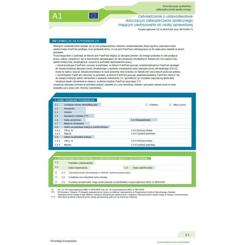 A1 - Zaświadczenie o ustawodawstwie dotyczącym zabezpieczenia społecznego mającym zastosowanie do osoby uprawnionej