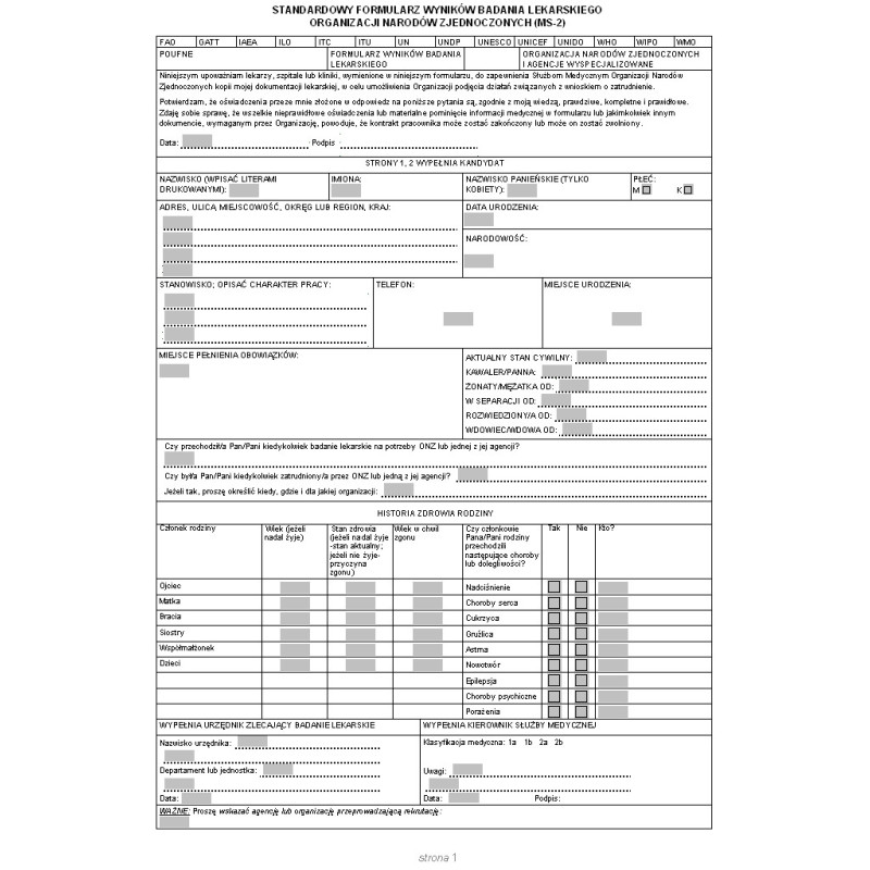 Standardowy formularz wyników badania lekarskiego Organizacji Narodów Zjednoczonych (MS-2)