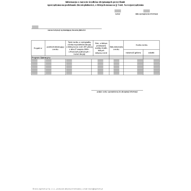 Informacja o zwrocie środków otrzymanych przez Bank sporządzana na podstawie zleceń płatności, o których mowa w § 3 ust. 1a i 1b rozporządzenia