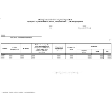 Informacja o zwrocie środków otrzymanych przez Bank sporządzana na podstawie zleceń płatności, o których mowa w § 3 ust. 1a i 1b rozporządzenia