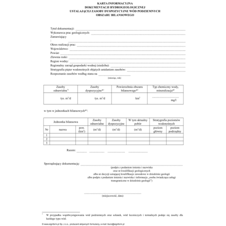 Karta informacyjna dokumentacji hydrogeologicznej ustalającej zasoby dyspozycyjne wód podziemnych obszaru bilansowego