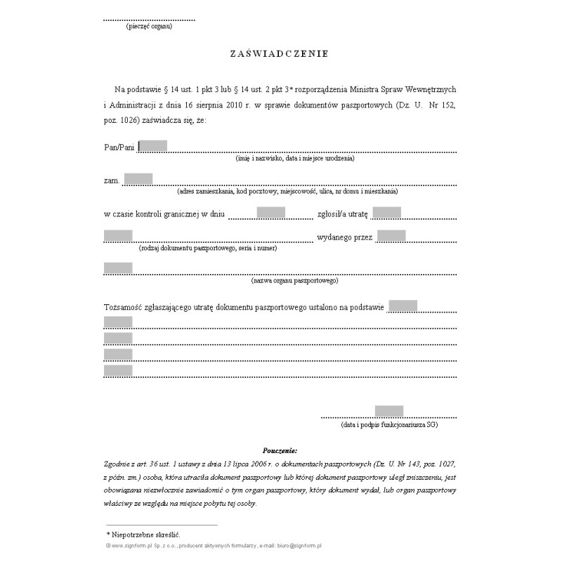 Zaświadczenie o utracie dokumentu paszportowego w czasie kontroli granicznej