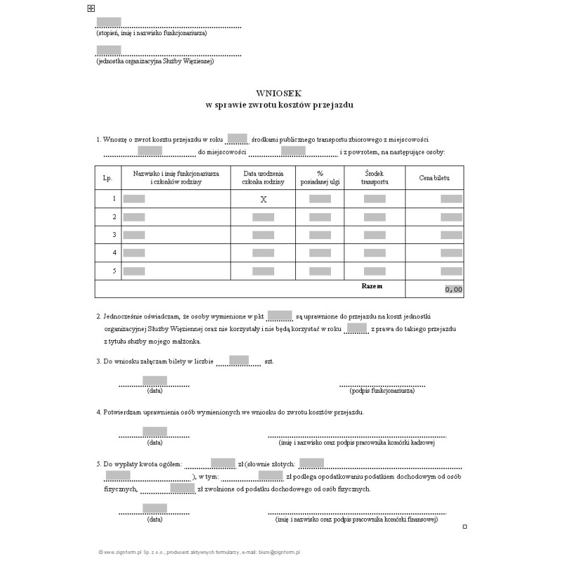 Wniosek w sprawie zwrotu kosztów przejazdu funkcjonariusza Służby Więziennej
