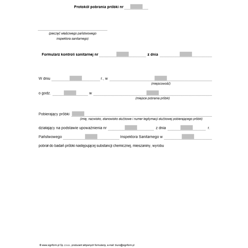 Formularz kontroli sanitarnej, Protokół pobrania próbki/próbki kontrolnej