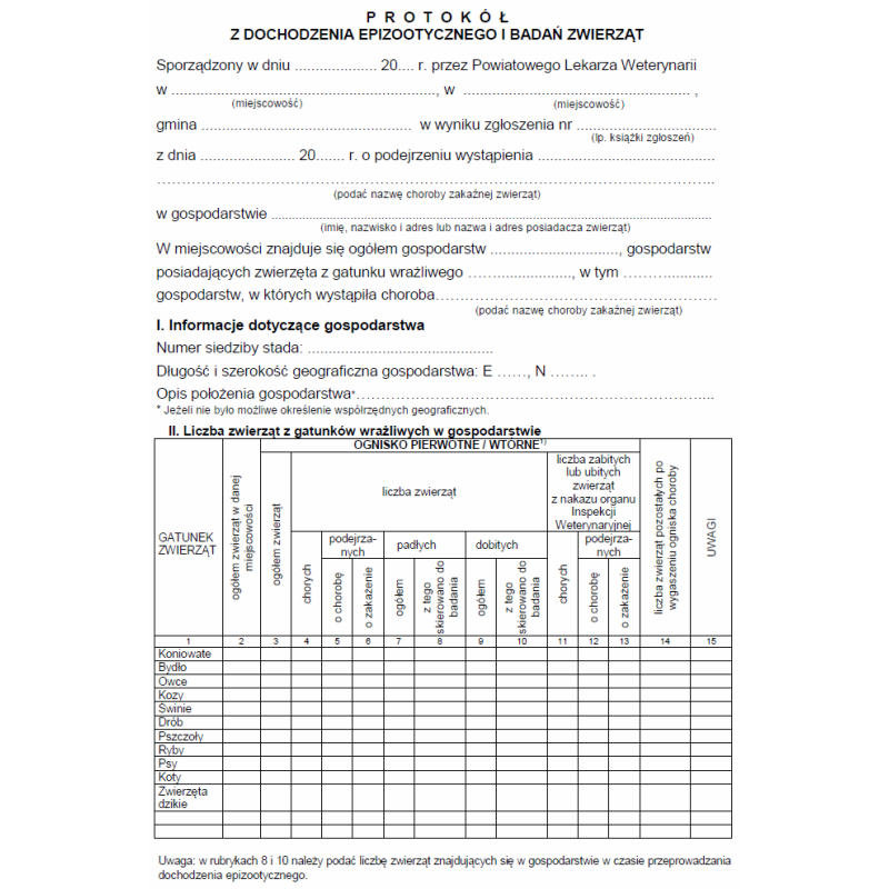 Protokół z dochodzenia epizootycznego i badań zwierząt