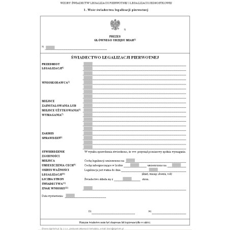 Wzór świadectwa legalizacji pierwotnej i legalizacji jednostkowej