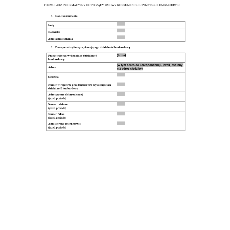 Formularz informacyjny dotyczący umowy konsumenckiej pożyczki lombardowej