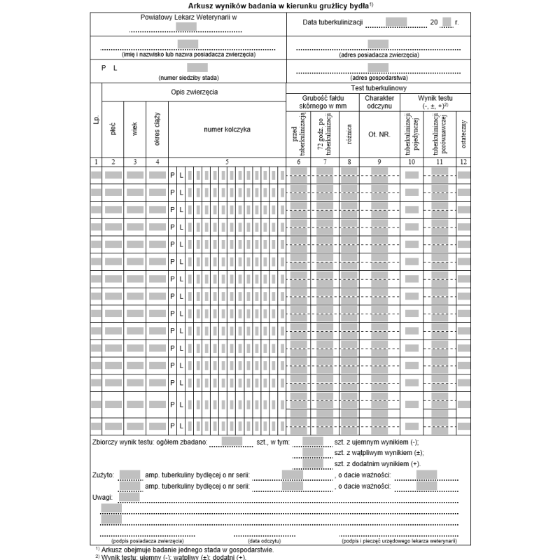 Arkusz wyników badania w kierunku gruźlicy bydła