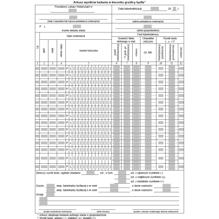 Arkusz wyników badania w kierunku gruźlicy bydła