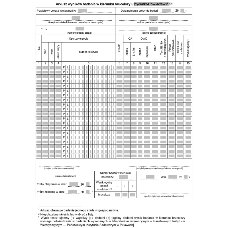 Arkusz wyników badania w kierunku brucelozy u bydła/kóz/owiec/świń