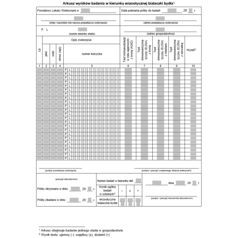 Arkusz wyników badania w kierunku enzootycznej białaczki bydła