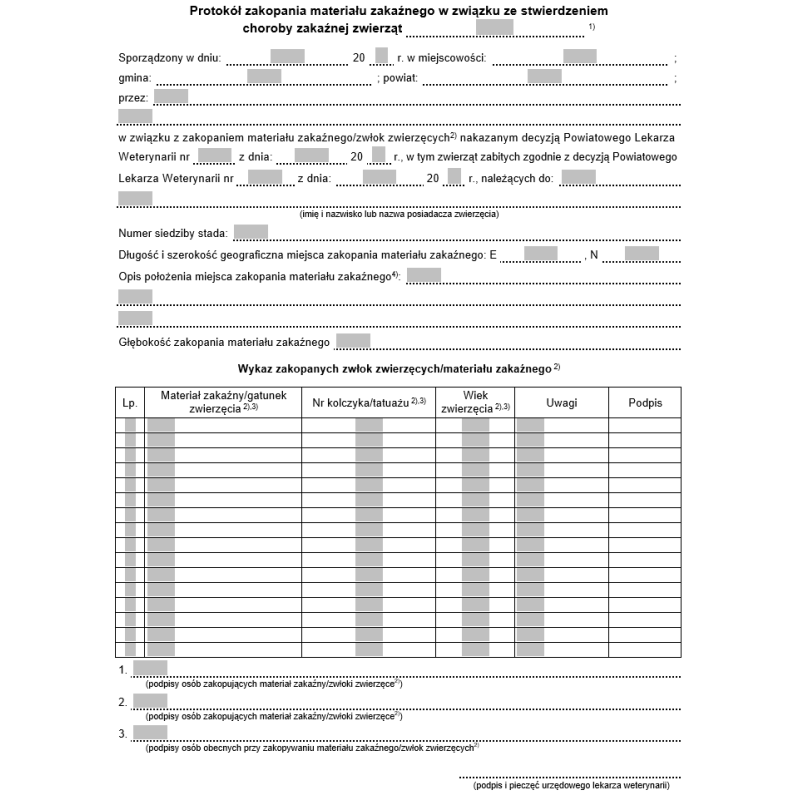 Protokół zakopania materiału zakaźnego w związku ze stwierdzeniem choroby zakaźnej zwierząt