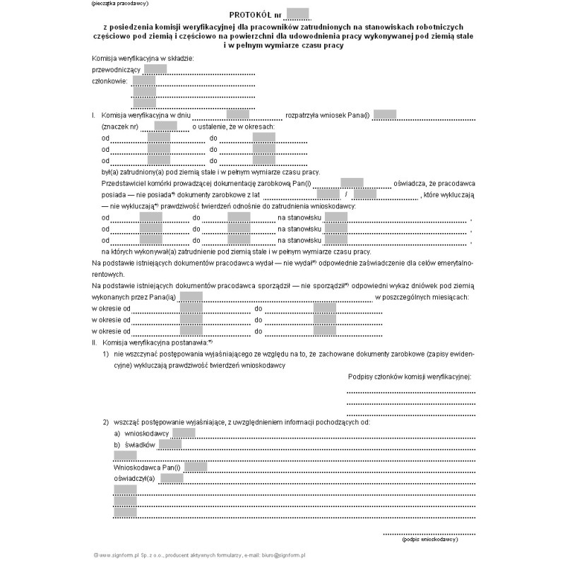 Protokół z posiedzenia komisji weryfikacyjnej dla pracowników zatrudnionych na stanowiskach robotniczych częściowo pod ziemią i częściowo na powierzchni dla udowodnienia pracy wykonywanej pod ziemią stale i w pełnym wymiarze czasu pracy