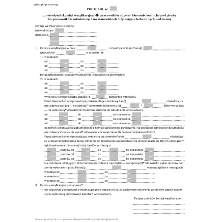 Protokół z posiedzenia komisji weryfikacyjnej dla pracowników dozoru i kierownictwa ruchu pod ziemią lub pracowników zatrudnionych na stanowiskach inżynieryjno-technicznych pod ziemią