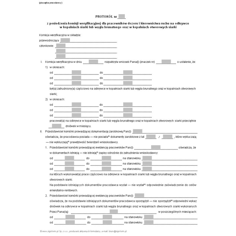 Protokół z posiedzenia komisji weryfikacyjnej dla pracowników dozoru i kierownictwa ruchu na odkrywce w kopalniach siarki lub węgla brunatnego oraz w kopalniach otworowych siarki
