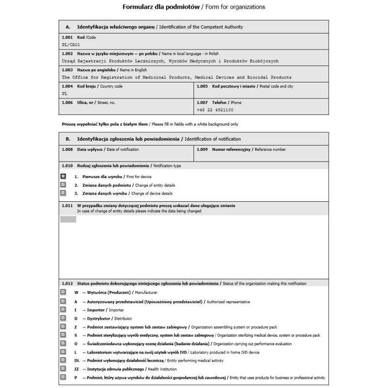 Formularz dla podmiotów / Form for organizations