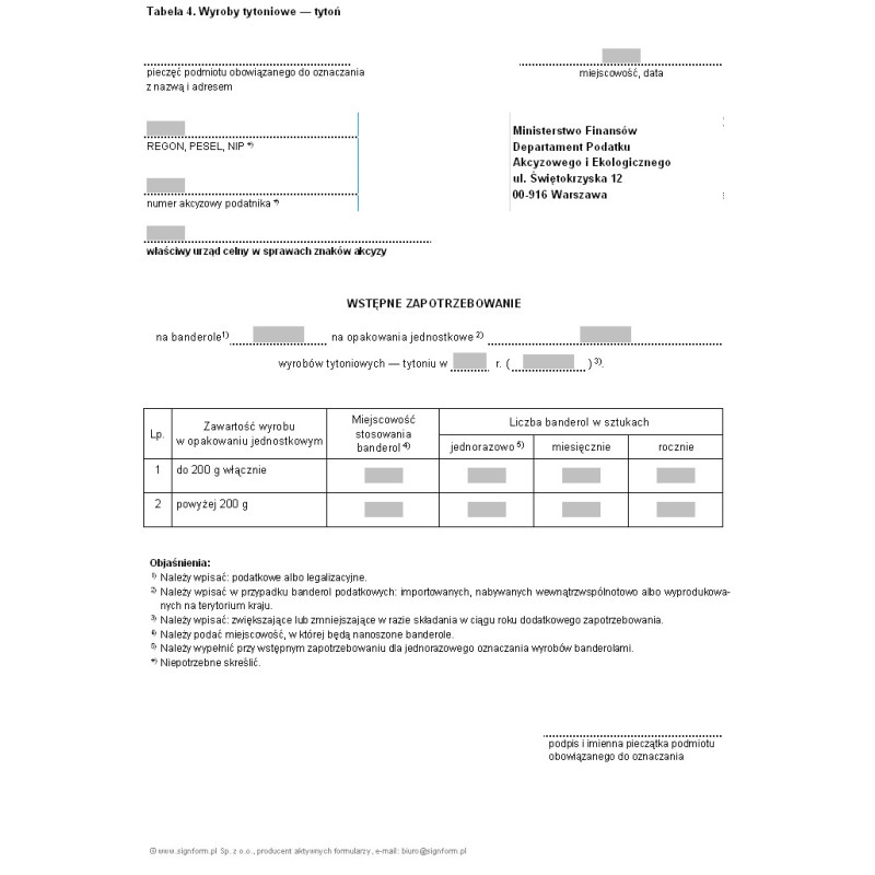 Wstępne zapotrzebowanie na banderole podatkowe, legalizacyjne (wyroby tytoniowe - tytoń)
