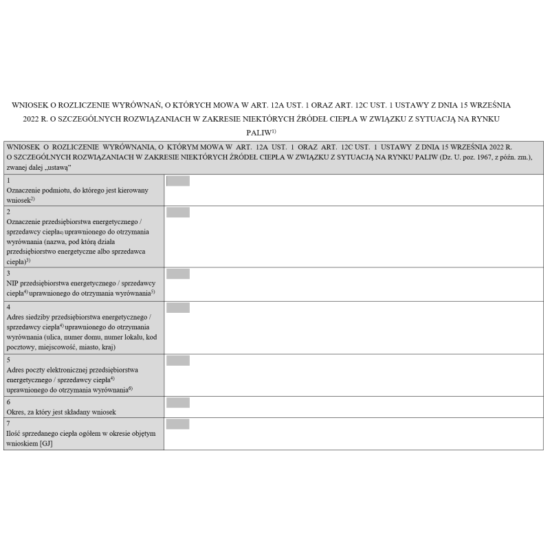 Wnioski o wypłatę / rozliczenie wyrównań o których mowa w art. 12a ust. 1 oraz art. 12c ust. 1 ustawy z dnia 15 września 2022 r. o szczególnych rozwiązaniach w zakresie niektórych źródeł ciepła w związku z sytuacją na rynku paliw
