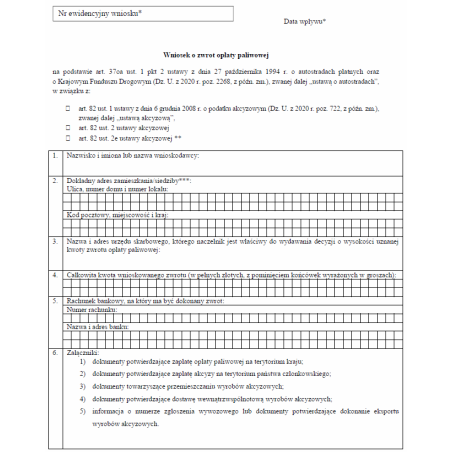 Wniosek o zwrot opłaty paliwowej