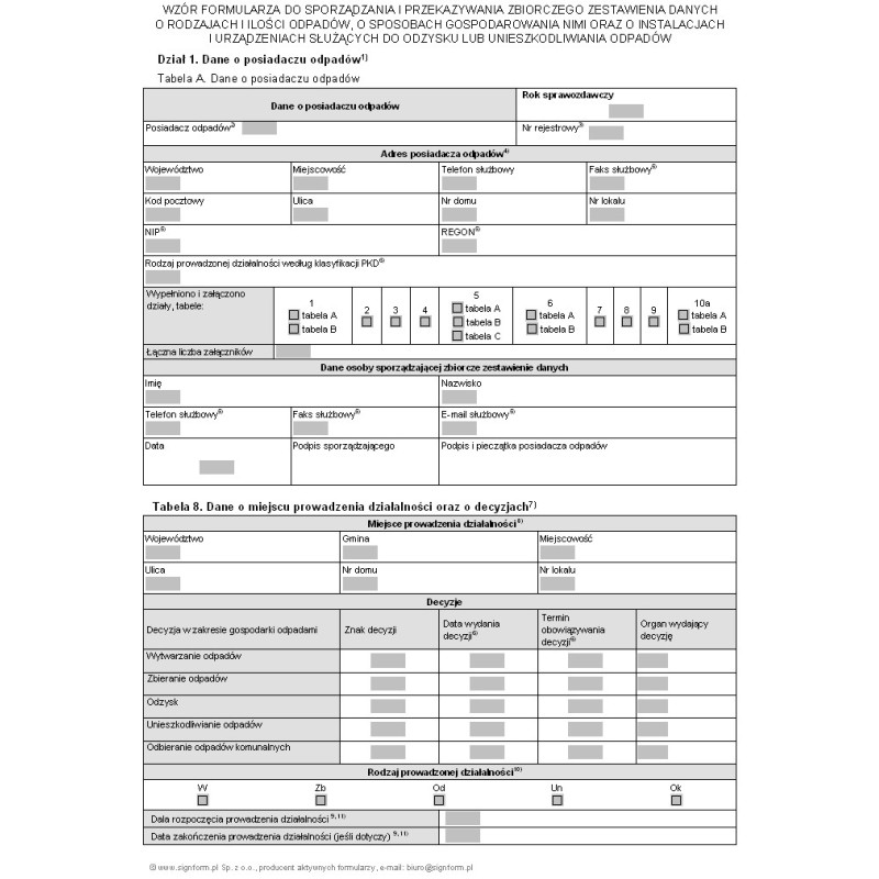 Wzór formularza do sporządzania i przekazywania zbiorczego zestawienia danych o rodzajach i ilości odpadów, o sposobach gospodarowania nimi oraz o instalacjach i urządzeniach służących do odzysku lub unieszkodliwiania odpadów