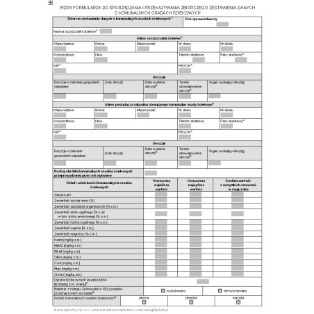 Wzór formularza do sporządzania i przekazywania zbiorczego zestawienia danych o komunalnych osadach ściekowych