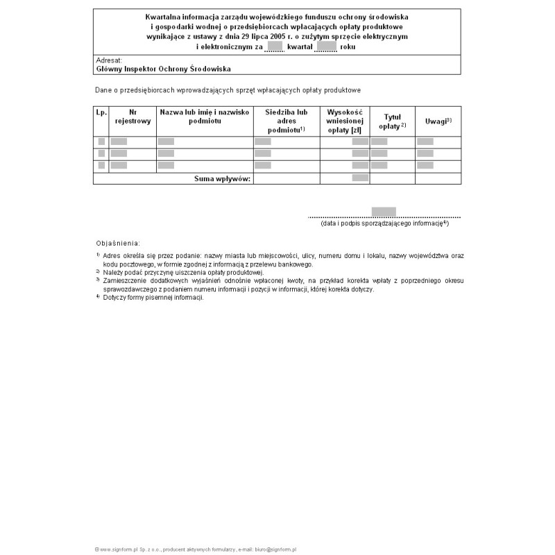 Kwartalna informacja zarządu wojewódzkiego funduszu ochrony środowiska i gospodarki wodnej o przedsiębiorcach wpłacających opłaty produktowe wynikające z ustawy z dnia 29 lipca 2005 r. o zużytym sprzęcie elektrycznym