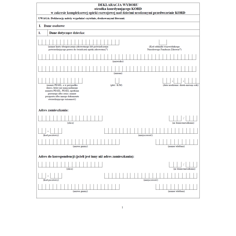Deklaracja wyboru ośrodka koordynującego KORD w zakresie kompleksowej opieki rozwojowej nad dziećmi urodzonymi przedwcześnie KORD