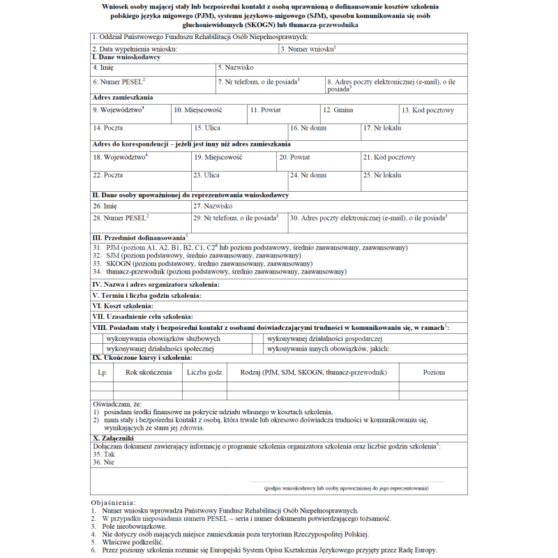 Wnioski o dofinansowanie kosztów szkolenia polskiego języka migowego (PJM), systemu językowo-migowego (SJM), sposobu komunikowania się osób głuchoniewidomych (SKOGN) lub tłumacza-przewodnika