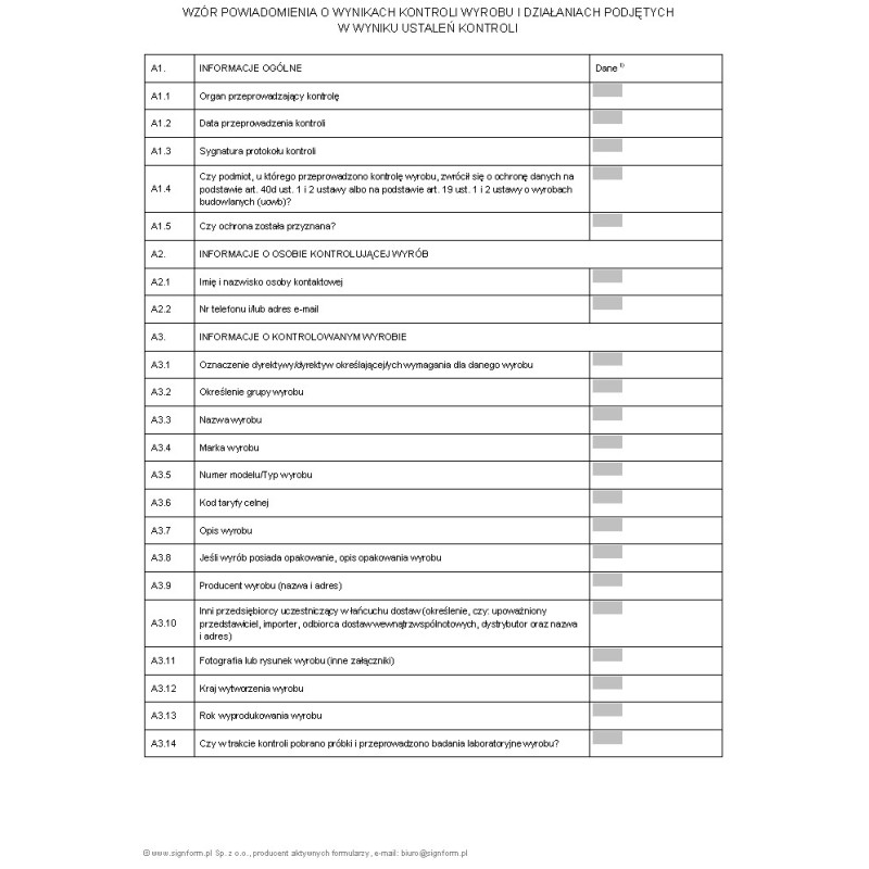 Wzór powiadomienia o wynikach kontroli wyrobu i działaniach podjętych w wyniku ustaleń kontroli