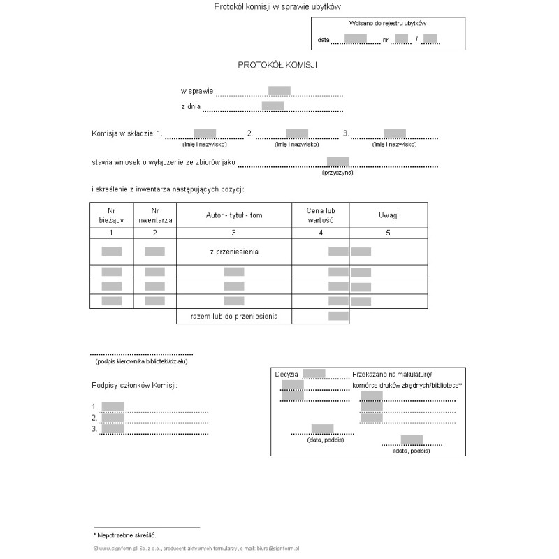 Protokół komisji w sprawie ubytków