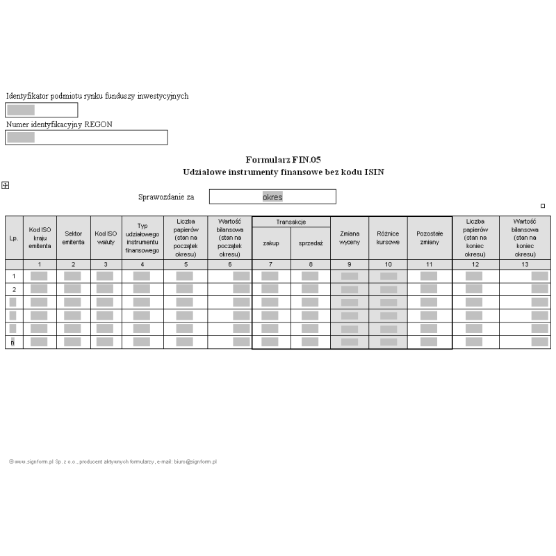 Formularz FIN.05 - Udziałowe instrumenty finansowe bez kodu ISIN