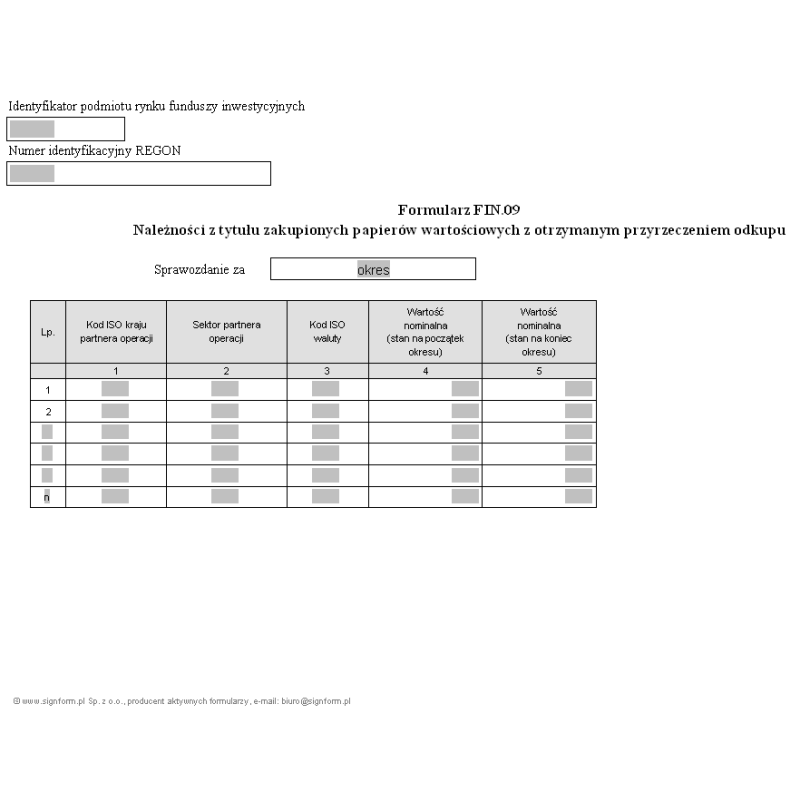 Formularz FIN.09 - Należności z tytułu zakupionych papierów wartościowych z otrzymanym przyrzeczeniem odkupu