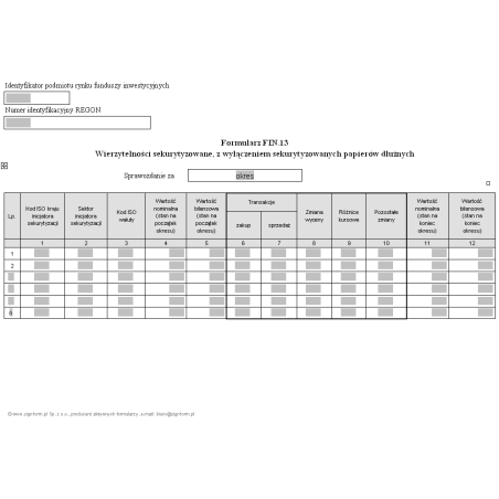 Formularz FIN.13 - Wierzytelności sekurytyzowane, z wyłączeniem sekurytyzowanych papierów dłużnych