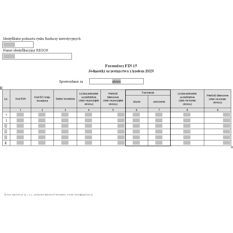 Formularz FIN.15 - Jednostki uczestnictwa z kodem ISIN