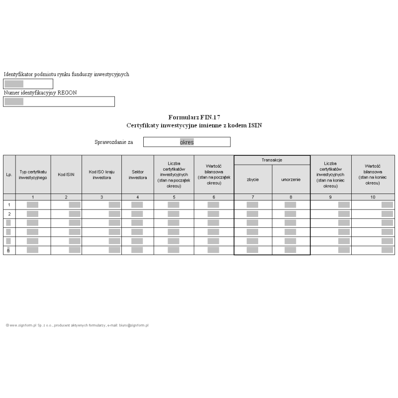 Formularz FIN.17 - Certyfikaty inwestycyjne imienne z kodem ISIN