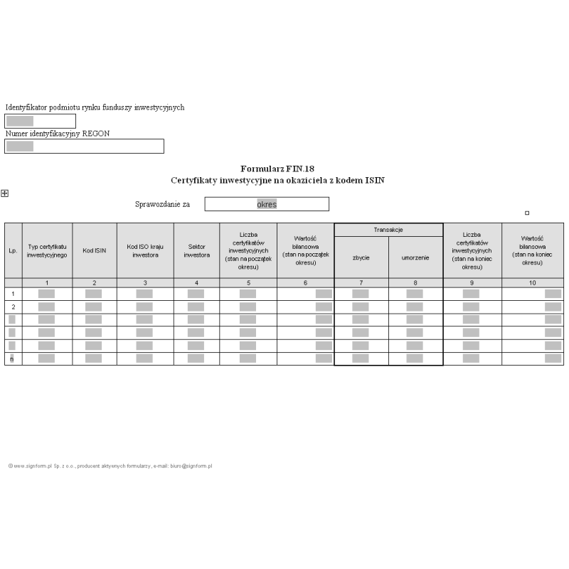 Formularz FIN.18 - Certyfikaty inwestycyjne na okaziciela z kodem ISIN