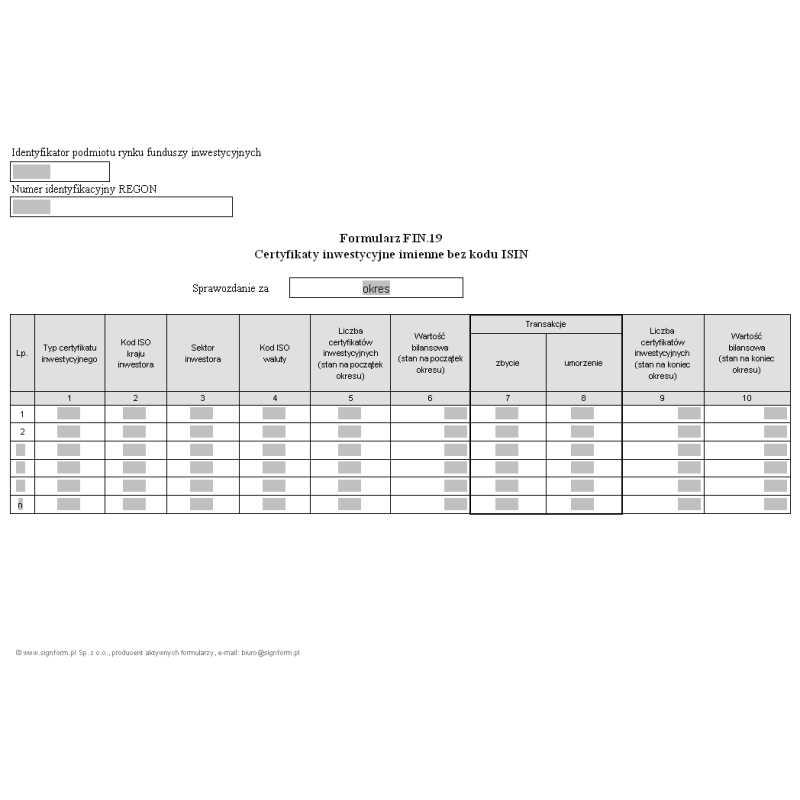 Formularz FIN.19 - Certyfikaty inwestycyjne imienne bez kodu ISIN