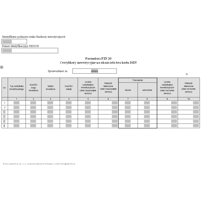 Formularz FIN.20 - Certyfikaty inwestycyjne na okaziciela bez kodu ISIN