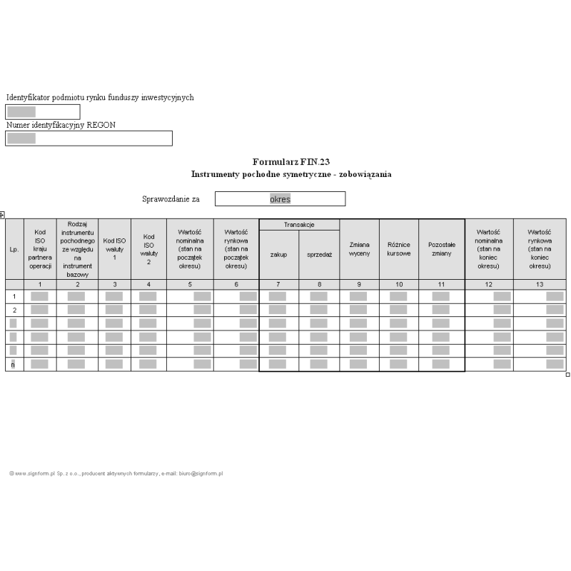 Formularz FIN.23 - Instrumenty pochodne symetryczne - zobowiązania