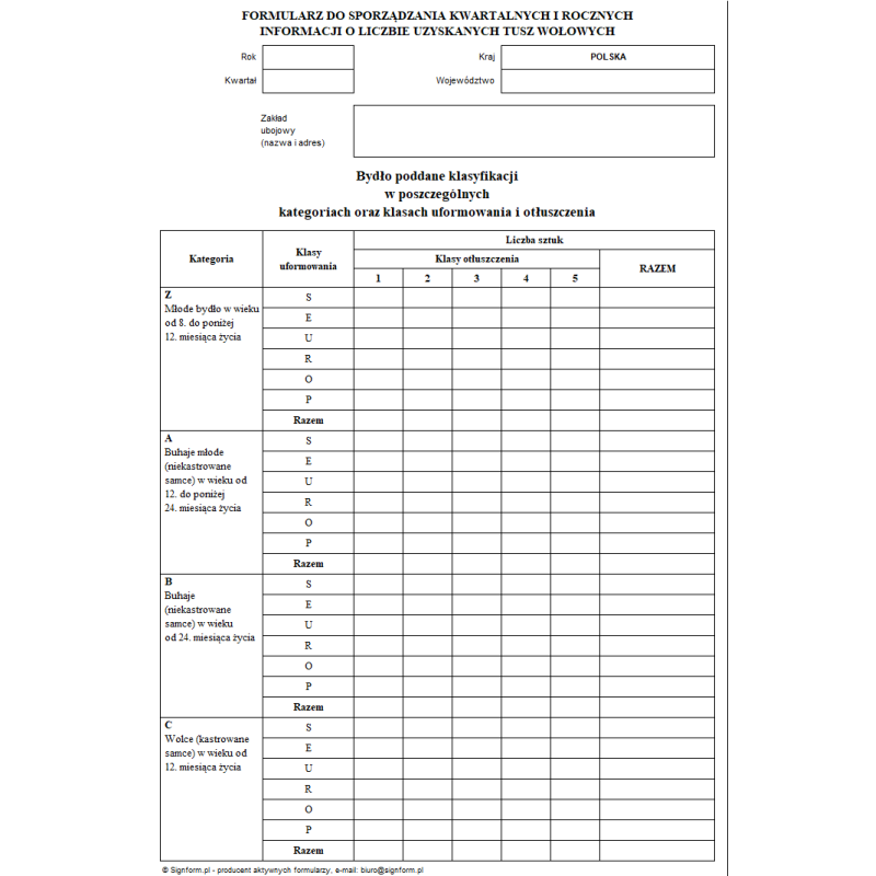 Formularz do sporządzania kwartalnych i rocznych informacji o liczbie uzyskanych tusz wołowych